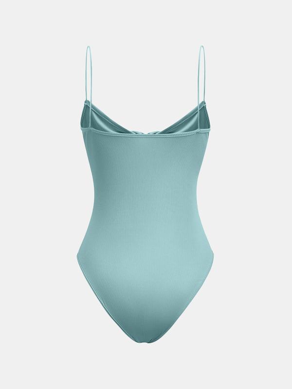 YOZY [4 colors] Twist Front Bodysuit, Casual Plain Ribbed Sleeveless Spaghetti Strap Button Cami Bodysuit, 2024 Women's Daily Wear for Spring & Summer