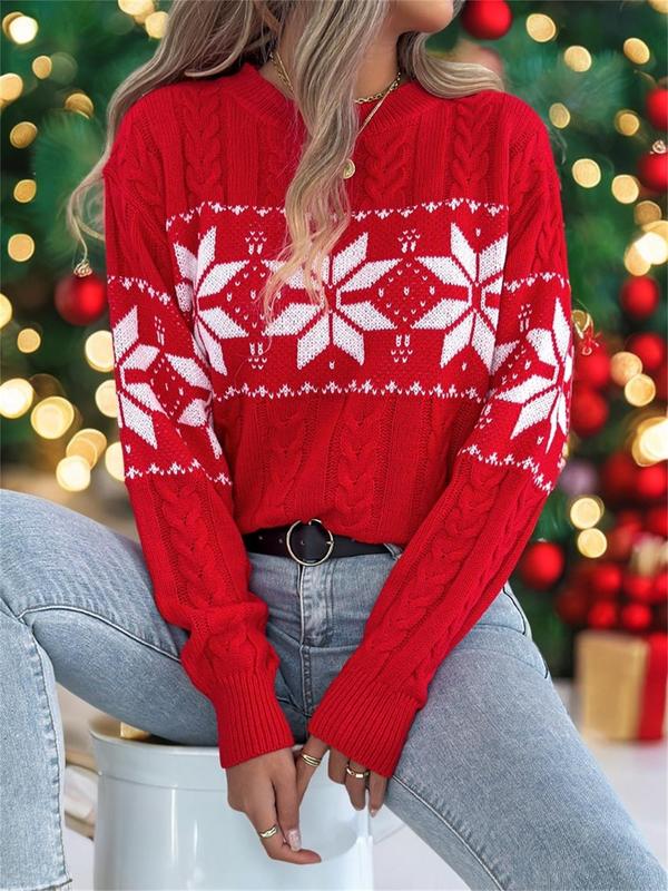 Women's Christmas Snowflake Print Drop Shoulder Sweater Pullover, Casual Long Sleeve Round Neck Jumper for Fall & Winter, Ladies' Knitwear for Daily Wear