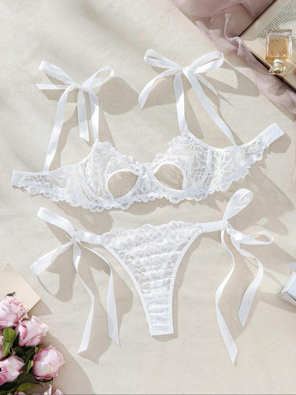 Women's Solid Bow Decor Lace Bra & Thong Two-Piece Set, Sexy Comfy Breathable Teddy Lingerie Set for Daily Wear, Women's Underwear Set for All Seasons