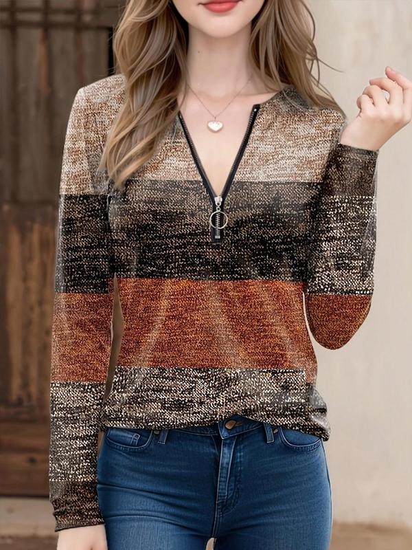 Women's Colorblock Striped Print Zipper Tee, Casual Long Sleeve Round Neck Top for Fall & Winter, Women's Clothes for Daily Wear