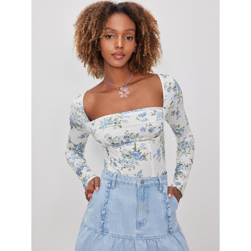 Cider [size 2-26] Santorini Beach Vacation Square Neck Floral Ruched Corset Bodysuit