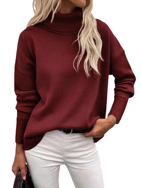Women's Solid Drop Shoulder Turtle Neck Sweater, Casual Long Sleeve Jumper for Fall & Winter, Fashion Ladies' Knitwear for Daily Wear