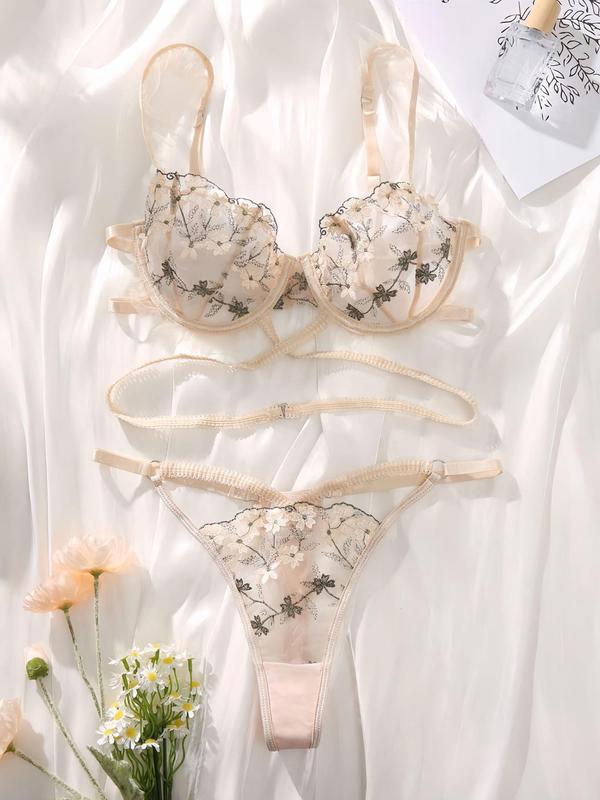 Women's Floral Embroidery Criss Cross  Bra & Cut Out Panty Sexy Lingerie Two-piece Set, Adjustable Strap Bra & Panty, Lingerie Set for Women