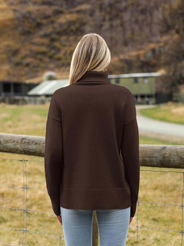 Women's Solid Drop Shoulder Turtle Neck Sweater, Casual Long Sleeve Jumper for Fall & Winter, Fashion Ladies' Knitwear for Daily Wear