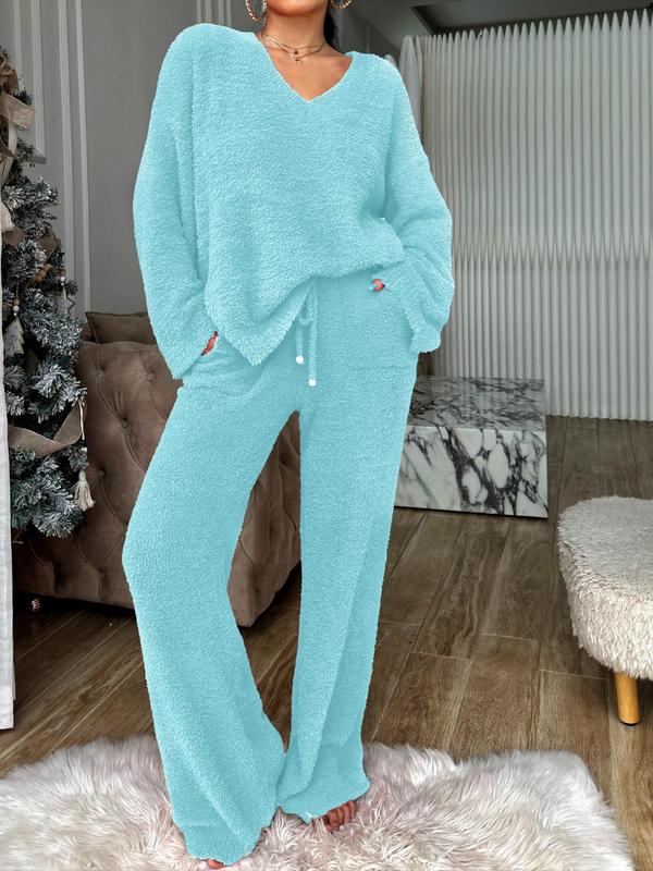 Two-piece Set Women's Solid Color Drop Shoulder Split Hem Top & Drawstring Waist Pants Plush Pajama, Casual Comfy Long Sleeve V Neck Top & Trousers Pj Set, Women's Sleepwear for Fall & Winter