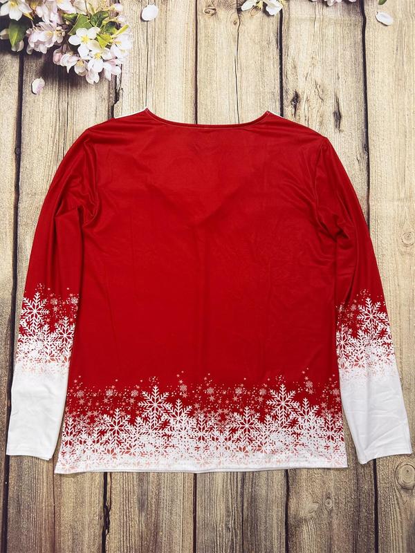  Colorblock Christmas Tree Print Ruched Fake Buttons V Neck Tee, Casual Long Sleeve T-shirt for Fall & Winter, Women's Clothing for Daily Wear