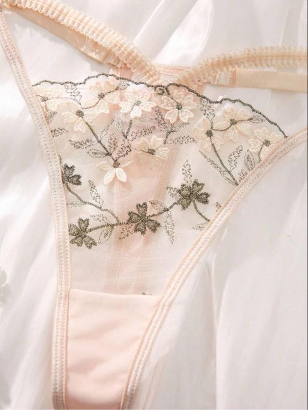 Women's Floral Embroidery Criss Cross  Bra & Cut Out Panty Sexy Lingerie Two-piece Set, Adjustable Strap Bra & Panty, Lingerie Set for Women