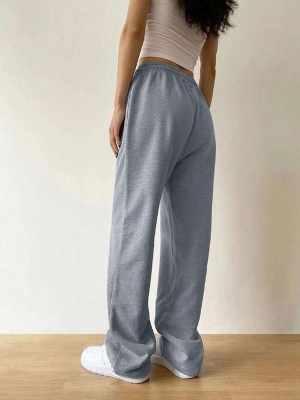 Women's Plain Elastic Waist Wide Leg Sweatpants, Casual Pocket Trousers for Spring & Fall, Women's Bottoms for Daily Wear