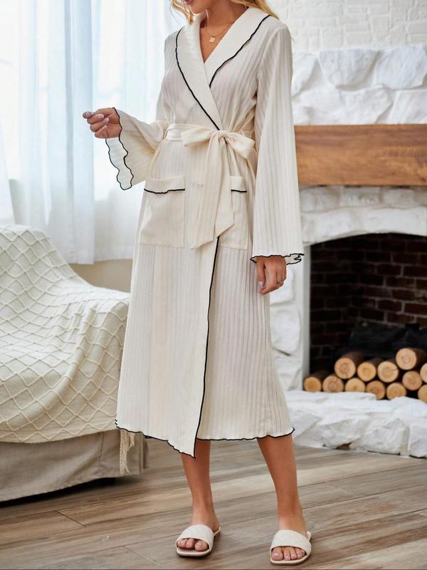 Women's Contrast Binding  Pocket Belted Robe, Casual Long Sleeve Flounce Sleeve Dressing Gown, Ladies Sleepwear for Spring & Fall
