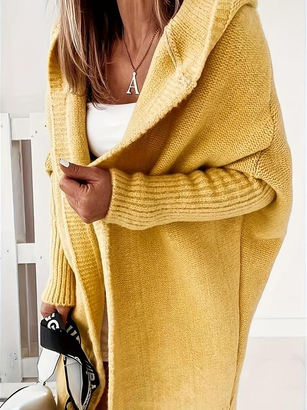 [Faith Devine Exclusive] Solid Drop Shoulder Top Stitching Hooded Cardigan, Casual Long Sleeve Open Front Knitwear for Fall & Winter, Women's Clothing for Daily Wear, Downtown Girl Clothes