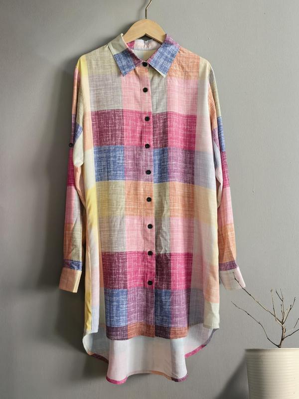 Women's Plaid Print Button Front Long Shirt, Casual Loose Collared Top for Spring & Fall, Women's Clothes for Daily Wear, Fall Clothes, Summer Clothes Women