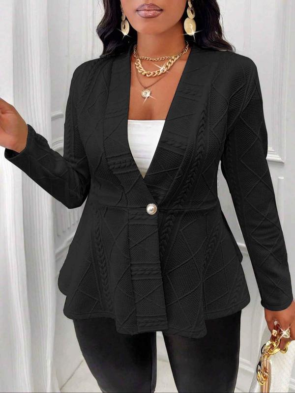  Solid Textured Button Front Blazer, Casual Jackets, Long Sleeve Deep V Neck Outerwear for Work Office Business, Women's Clothes for All Seasons