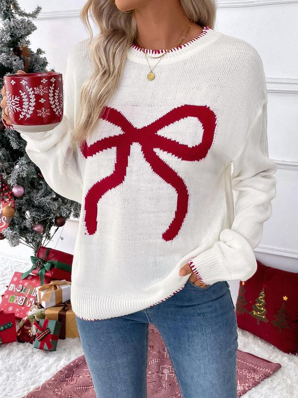 Women's Bow Print Drop Shoulder Sweater, Casual Long Sleeve Round Neck Jumper for Fall & Winter, Ladies' Knitwear for Christmas Daily Wear