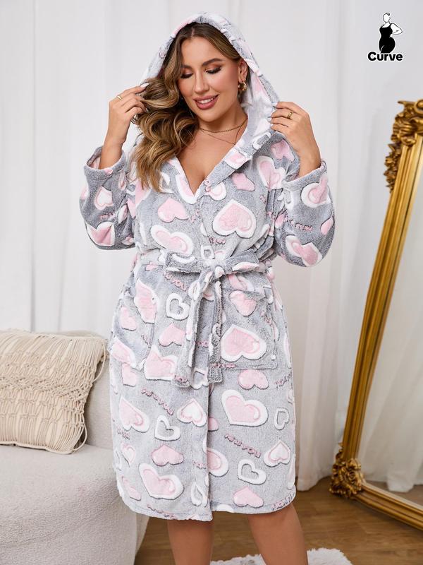  All Over Heart Print Belted Wrap Fleece Lounge Robe, Casual Drop Shoulder Long Sleeve Hooded Robe, Women's Plus Size Sleepwear for Fall & Winter