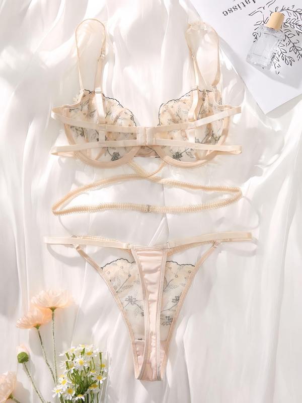 Women's Floral Embroidery Criss Cross  Bra & Cut Out Panty Sexy Lingerie Two-piece Set, Adjustable Strap Bra & Panty, Lingerie Set for Women