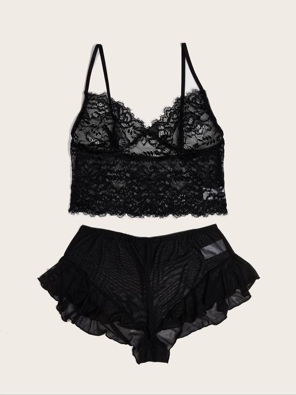 Womenswear Contrast Mesh Lace Lingerie Set, Sexy Hollow Out Lingerie Top & Sheer Shorts Set, Soft Comfy Breathable Underwear Set for Women, Minimalist Women Sexy Lingeries, Birthday Wear Black Girl