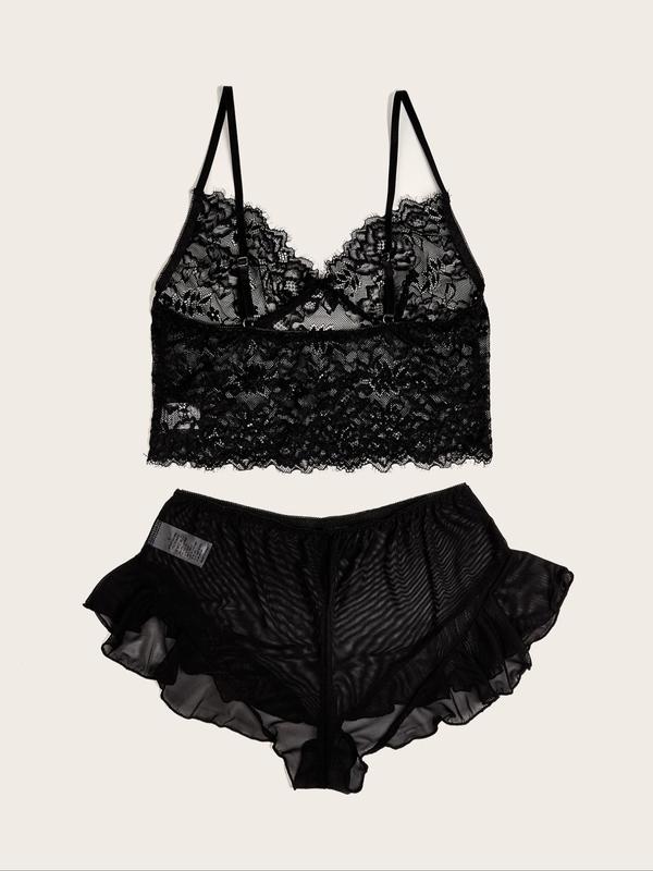 Womenswear Contrast Mesh Lace Lingerie Set, Sexy Hollow Out Lingerie Top & Sheer Shorts Set, Soft Comfy Breathable Underwear Set for Women, Minimalist Women Sexy Lingeries, Birthday Wear Black Girl