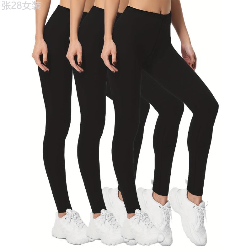 3 Pack Solid Skinny Leggings, Elastic Waist Casual Stretchy Women's Clothing Fabric Spandex