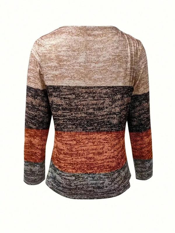 Women's Colorblock Striped Print Zipper Tee, Casual Long Sleeve Round Neck Top for Fall & Winter, Women's Clothes for Daily Wear