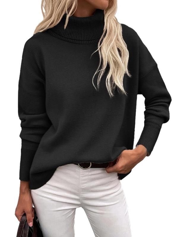 Women's Solid Drop Shoulder Turtle Neck Sweater, Casual Long Sleeve Jumper for Fall & Winter, Fashion Ladies' Knitwear for Daily Wear