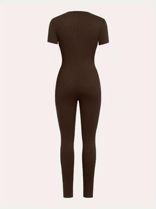 Women's Solid Round Neck Zip Up Bodycon Jumpsuit, Minimalist Comfort Womenswear, Basic Lady Short Sleeve Skinny Jumpsuit for Fall, Ladies Clothes for Daily Wear