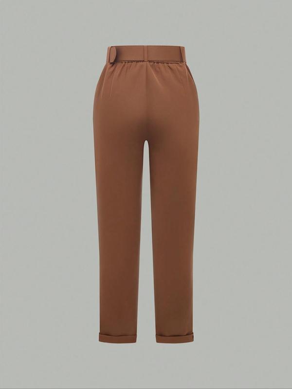 Women's Solid Grommet Eyelet Belted Pocket Pant, Casual Button Pants for Fall, Women's Pant for Daily Wear
