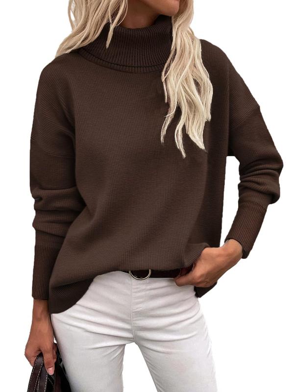 Women's Solid Drop Shoulder Turtle Neck Sweater, Casual Long Sleeve Jumper for Fall & Winter, Fashion Ladies' Knitwear for Daily Wear