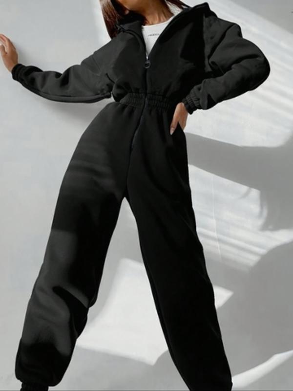Women's Solid Zip Up Hooded Jumpsuit, Casual Drop Shoulder Long Sleeve Jumpsuit for Fall & Winter, Women's Clothes for Daily Wear