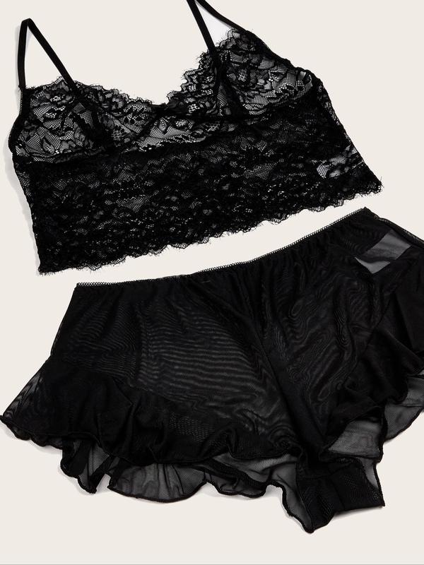 Womenswear Contrast Mesh Lace Lingerie Set, Sexy Hollow Out Lingerie Top & Sheer Shorts Set, Soft Comfy Breathable Underwear Set for Women, Minimalist Women Sexy Lingeries, Birthday Wear Black Girl