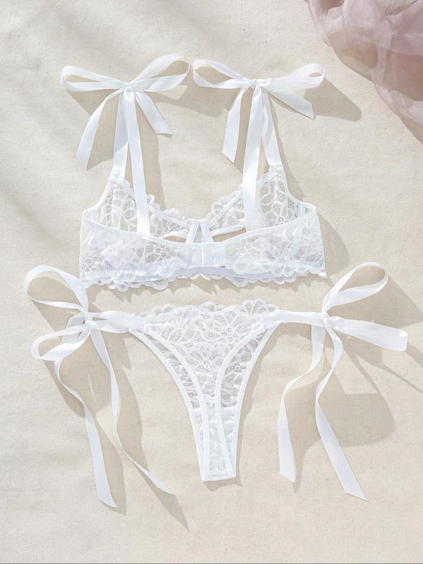 Women's Solid Bow Decor Lace Bra & Thong Two-Piece Set, Sexy Comfy Breathable Teddy Lingerie Set for Daily Wear, Women's Underwear Set for All Seasons