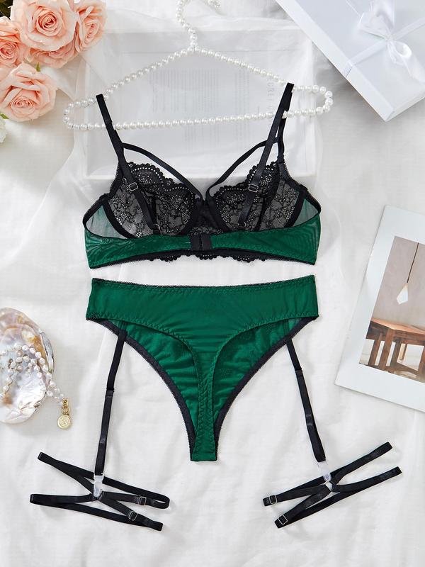 Women's Colorblock Lace Bra & Sheer Thong with Leg Rings Design Sexy Lingerie Two-piece Set, Adjustable Strap Push Up Bra & Panty, Sexy Lingerie Set for Women