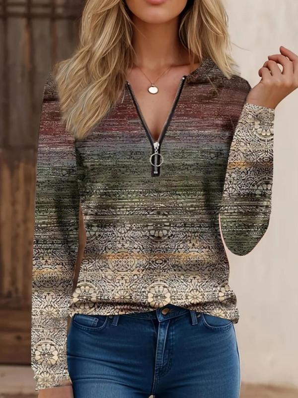 Women's Colorblock Striped Print Zipper Tee, Casual Long Sleeve Round Neck Top for Fall & Winter, Women's Clothes for Daily Wear