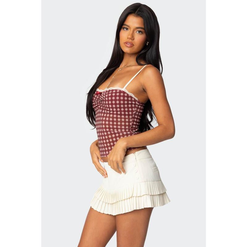 Checkered Mesh Built In Bra Top