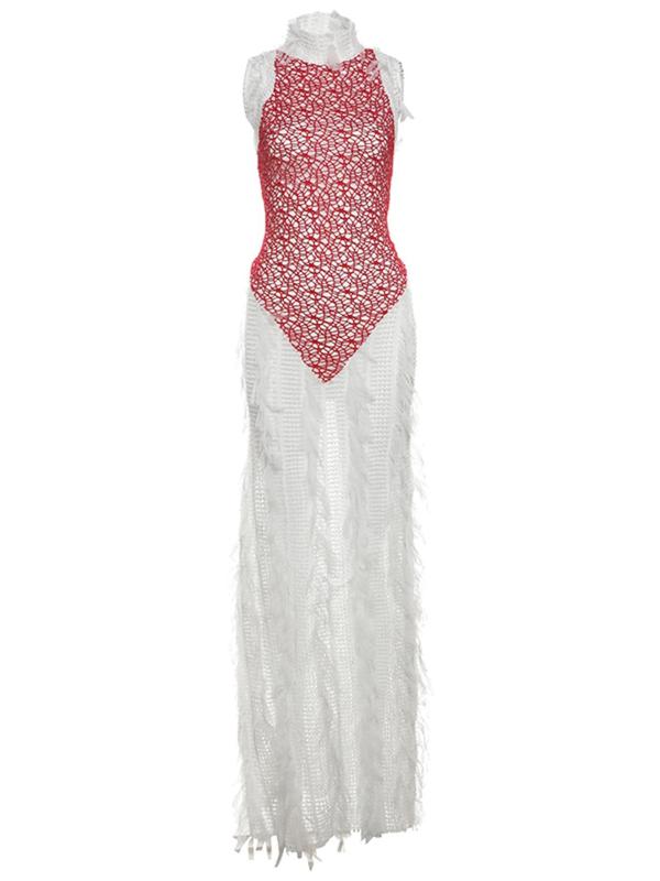 Women's Patchwork Backless Halter Bodycon Dress, Fashion Hollow Out Tassel Long Dress for Party Club Dating Wear, Women Dress for Summer