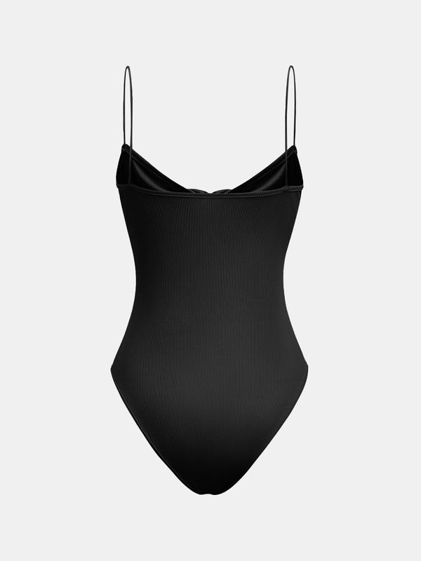 YOZY [4 colors] Twist Front Bodysuit, Casual Plain Ribbed Sleeveless Spaghetti Strap Button Cami Bodysuit, 2024 Women's Daily Wear for Spring & Summer
