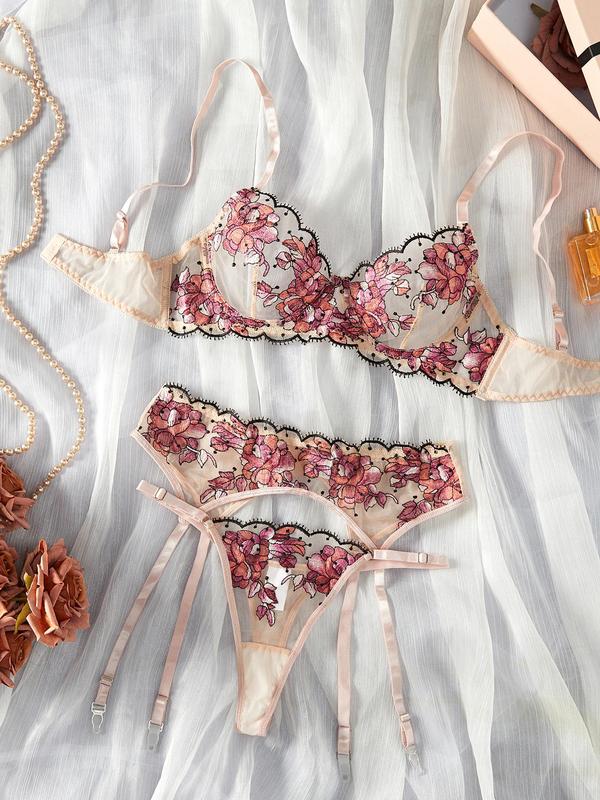 Women's Floral Embroidery Bra & Thong & Garter Belt Three-Piece Set, Sexy Comfy Breathable Lingerie Set for Daily Wear, Women's Lingerie & Underwear for All Seasons