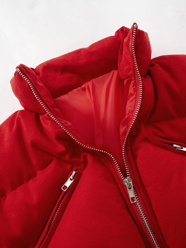 Women's Solid Zip Up High Neck Crop Coat, Casual Long Sleeve Pocket Outerwear for Fall & Winter, Ladies Clothes for Daily Wear, Y2k Clothing