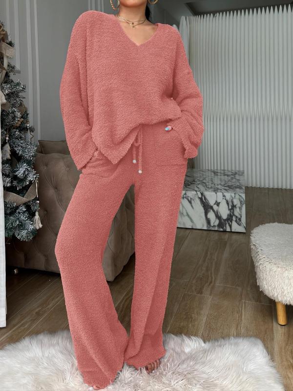 Two-piece Set Women's Solid Color Drop Shoulder Split Hem Top & Drawstring Waist Pants Plush Pajama, Casual Comfy Long Sleeve V Neck Top & Trousers Pj Set, Women's Sleepwear for Fall & Winter