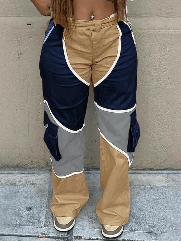 Women's Patchwork Print Pocket Cargo Pants, Casual Button Straight Leg Trousers, Baggy Pants for Women, Ladies Bottoms for All Seasons