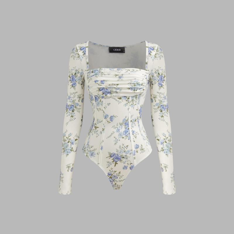 Cider [size 2-26] Santorini Beach Vacation Square Neck Floral Ruched Corset Bodysuit