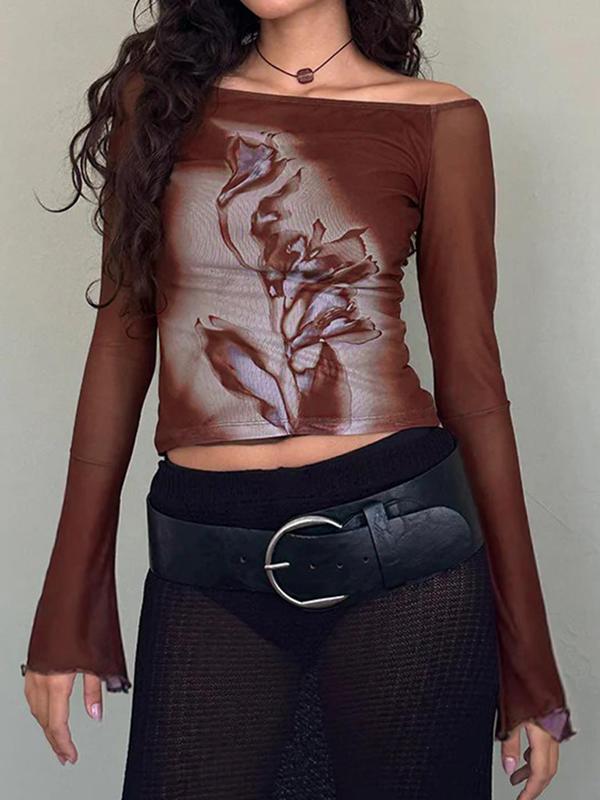 Women's Vintage Rose Print Off Shoulder Sheer Tulle Top, Retro Fashion Long Sleeve Flounce Sleeve Top for Fall, Women's Clothing for Daily Wear