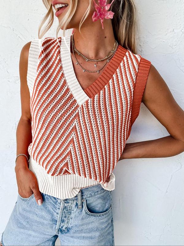 Women's Colorblock V Neck Sweater Vest, Casual Sleeveless Knit Top for Summer, Fashion Women's Knitwear for Daily Wear