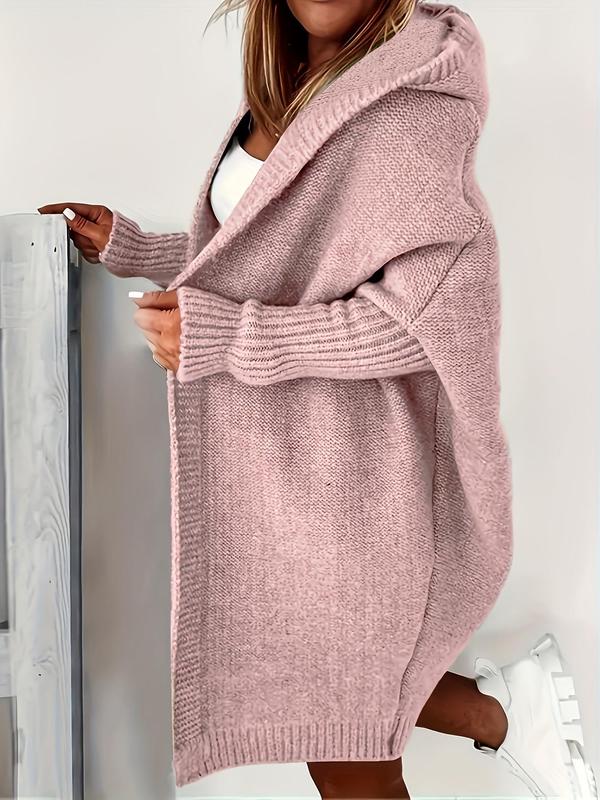 [Faith Devine Exclusive] Solid Drop Shoulder Top Stitching Hooded Cardigan, Casual Long Sleeve Open Front Knitwear for Fall & Winter, Women's Clothing for Daily Wear, Downtown Girl Clothes