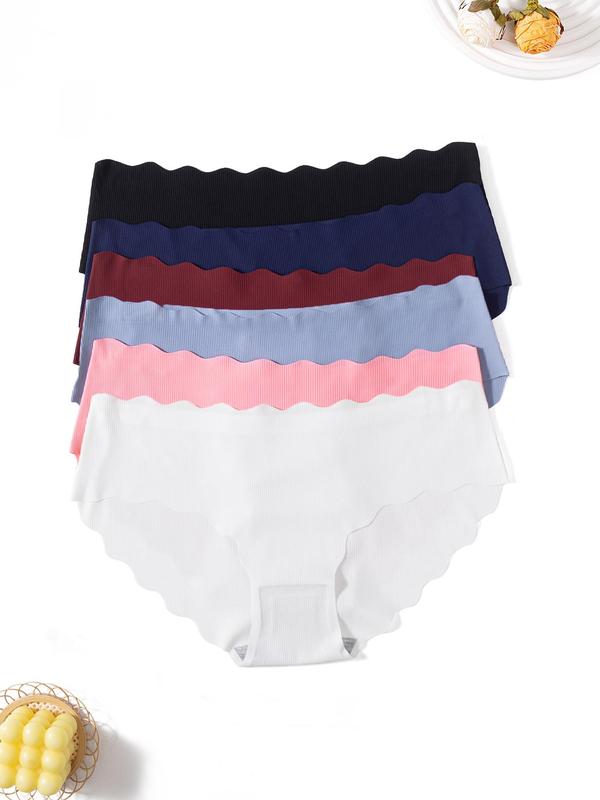 Women's 6pcs Minimalist Solid Scallop Trim Seamless Panties, Lady Basic Soft Comfort Seamless Knickers for Daily Wear All Seasons, Womenswear Underwear, Lingerie for Women