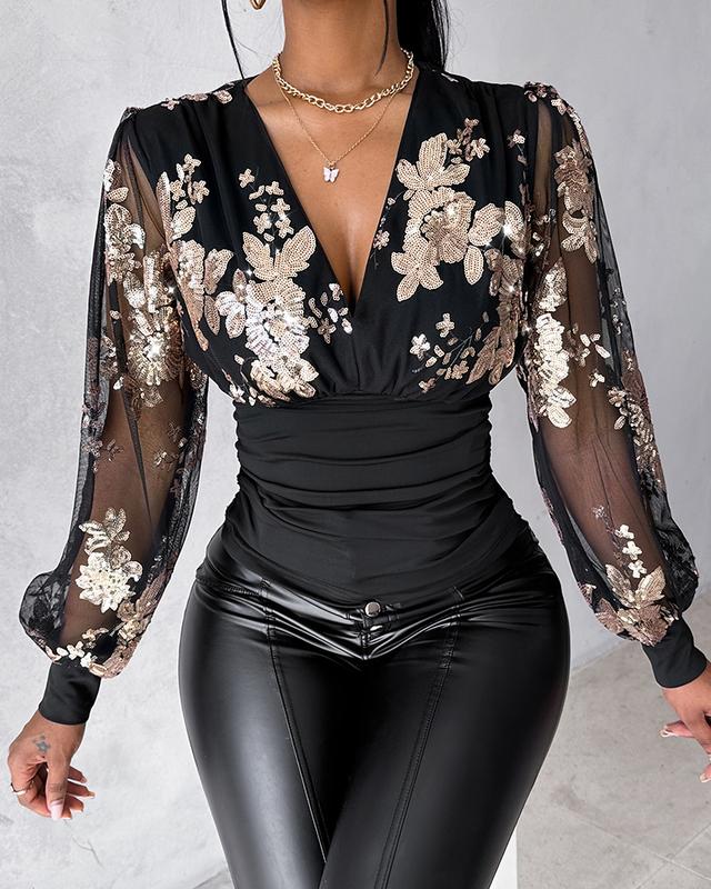 Chicme Floral Sequin Decor Sheer Mesh Top