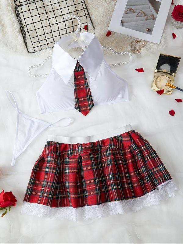 Women's Tie Collar Cut Out Crop Top & Sheer Thong & Plaid Print Lace Trim Skirt Sexy Lingerie Set, Sexy Underwear Three-piece Set, Women's Underwear