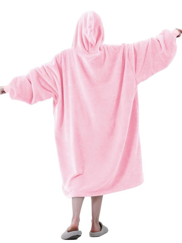Women's Solid Drop Shoulder Pocket Flannel Hooded Blanket, Casual Long Sleeve Thermal Lounge Robe Loungewear, Women's Sleepwear for Fall & Winter