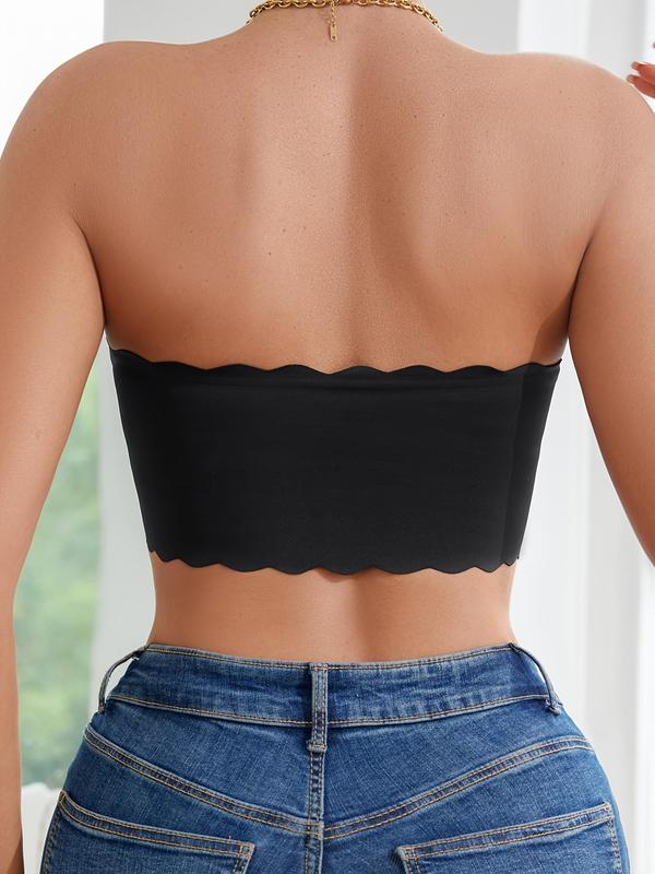 Women's Solid Color Lace Wireless Push Up Bra, Casual Scallop Trim Backless Bandeau Bra for Daily Wear, Soft Comfortable Breathable Lingerie for All Seasons