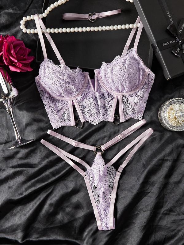 Women's Floral Lace Sheer Bra & Thong Sexy Lingerie Set, Romantic & Elegance Heart Ring Linked Lingerie Set, Women's Lingerie & Underwear