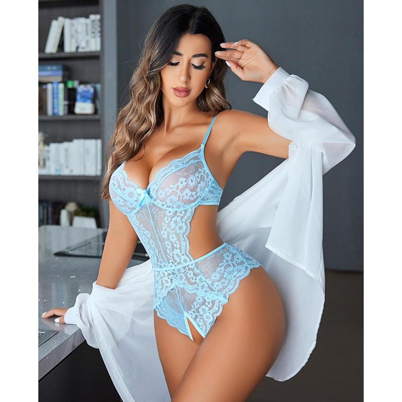 Women's Lingerie Lace Bodysuit Underwear V Neck Hollow Bodysuit Mini Doll